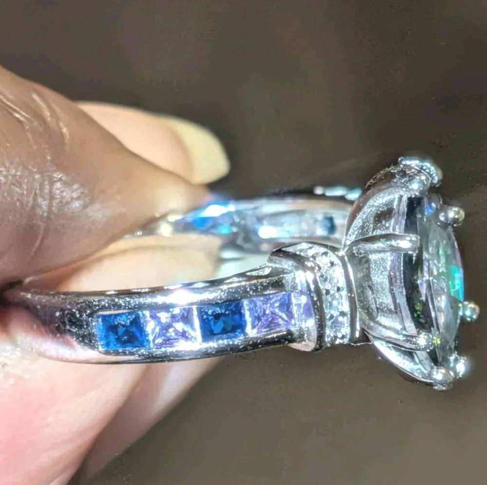 925 Sterling Silver Rainbow Fire Mystical Topaz + Amethyst Wedding Ring Sz 6